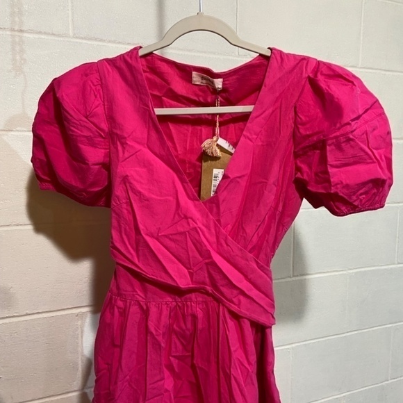 Soludos Women Palermo Dress MEDIUM Pink Raspberry Puff Sleeves Party Midi Cotton - Picture 3 of 7